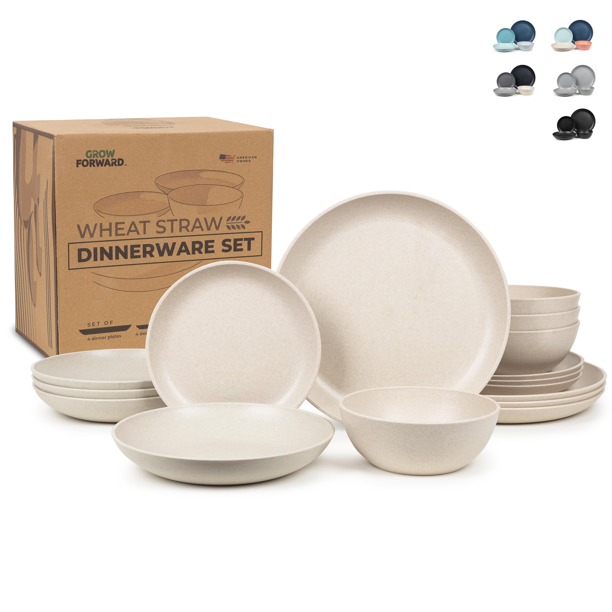 Grow Forward 16-piece Premium Wheat Straw Dinnerware Sets for 4 - Dinner Plates, Dessert Plates, Pasta Bowls, Cereal Bowls - Microwave Safe Plastic Plates and Bowls Sets, RV, Kitchen Dishes - Sahara