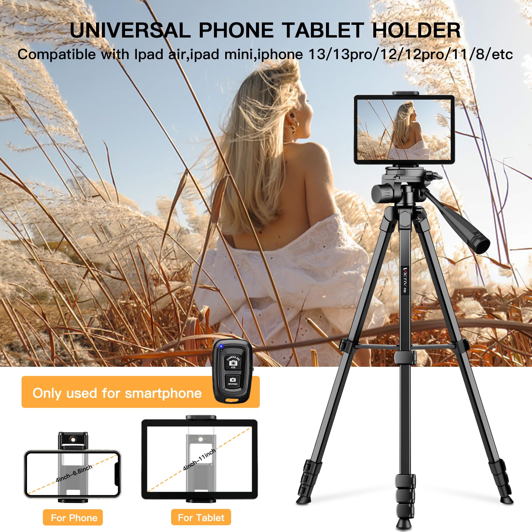 67" Camera Tripod Stand, Tablet Tripod for ipad iPhone, Aluminum Cell Phone Tripod with Remote/Phone Holder, Travel DSLR Tripods for Video Recording, Compatible with Canon Nikon Sony