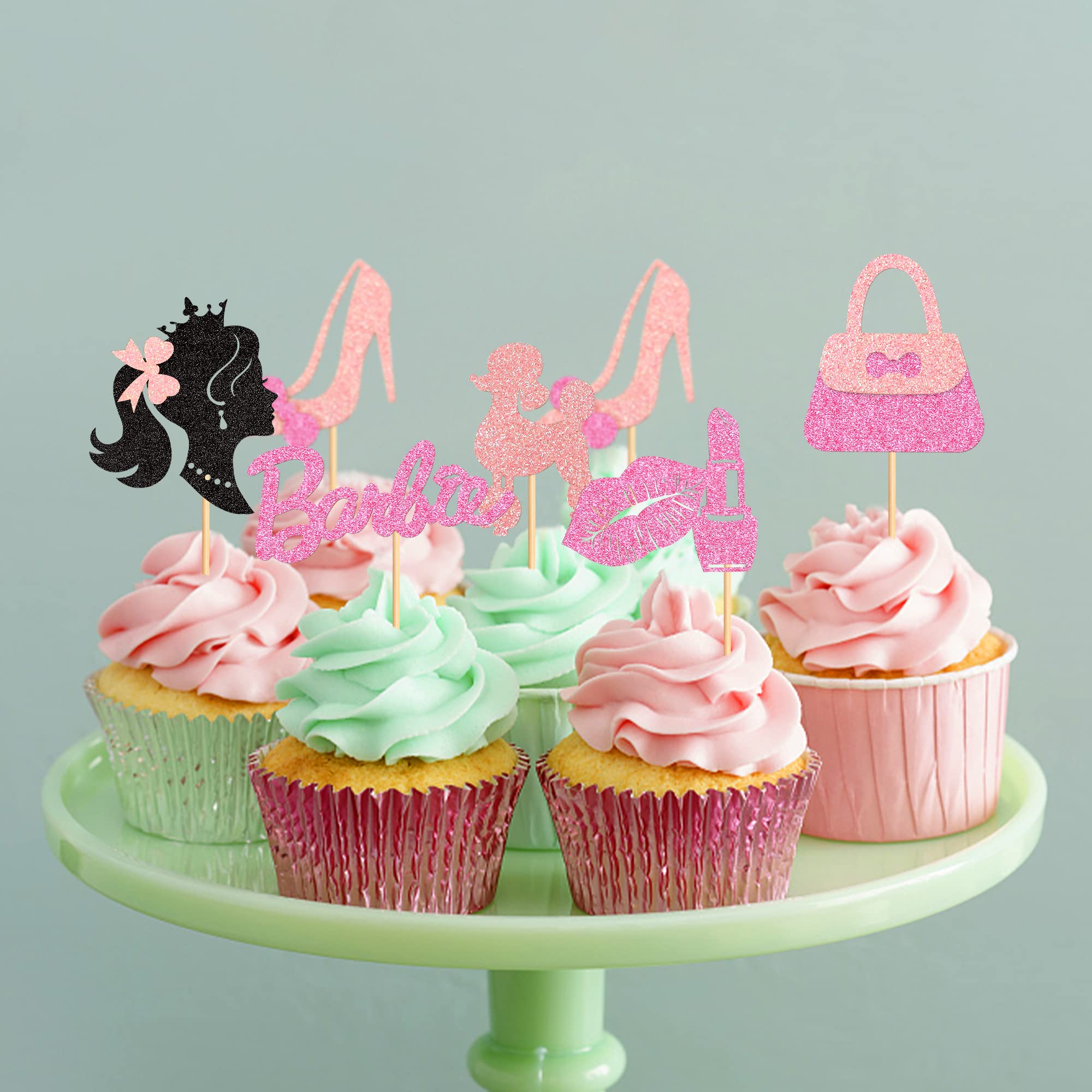 Ercadio 24 Pack Princess Cupcake Toppers Black and Pink Glitter Girls Cupcake Toppers Handbag High Heel Lipstick Cupcake Picks for Wedding Bridal Shower Girls Birthday Party Cake Decors Supplies