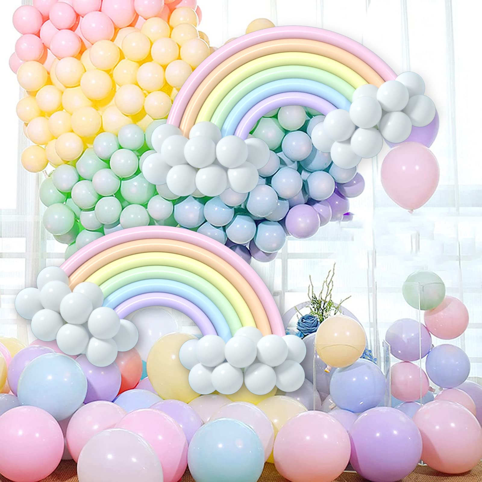 DIY 260 Pastel Rainbow Balloons Garland Kit - 24PCS Colorful Long Balloons + 80PCS White Balloons with Balloon Pump, Fish Wire for Pastel Theme Party Kids Birthday Animal Party Decorations