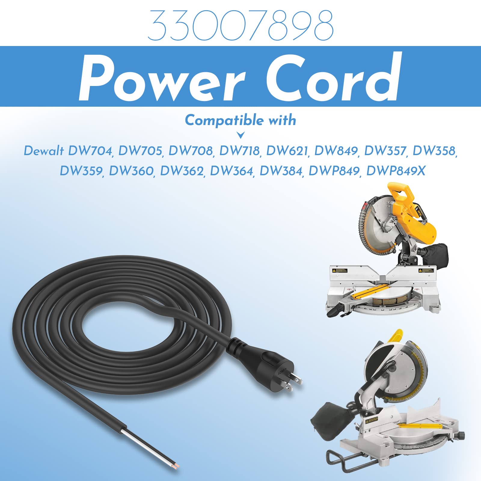 ANTOBLE 33007898 2 Wire 16 Gauge Power Cord Replacement Cord for DEWALT DW704 DW705 DW708 DW718 DW849 DW360 DW384 DWP849X (10 ft)