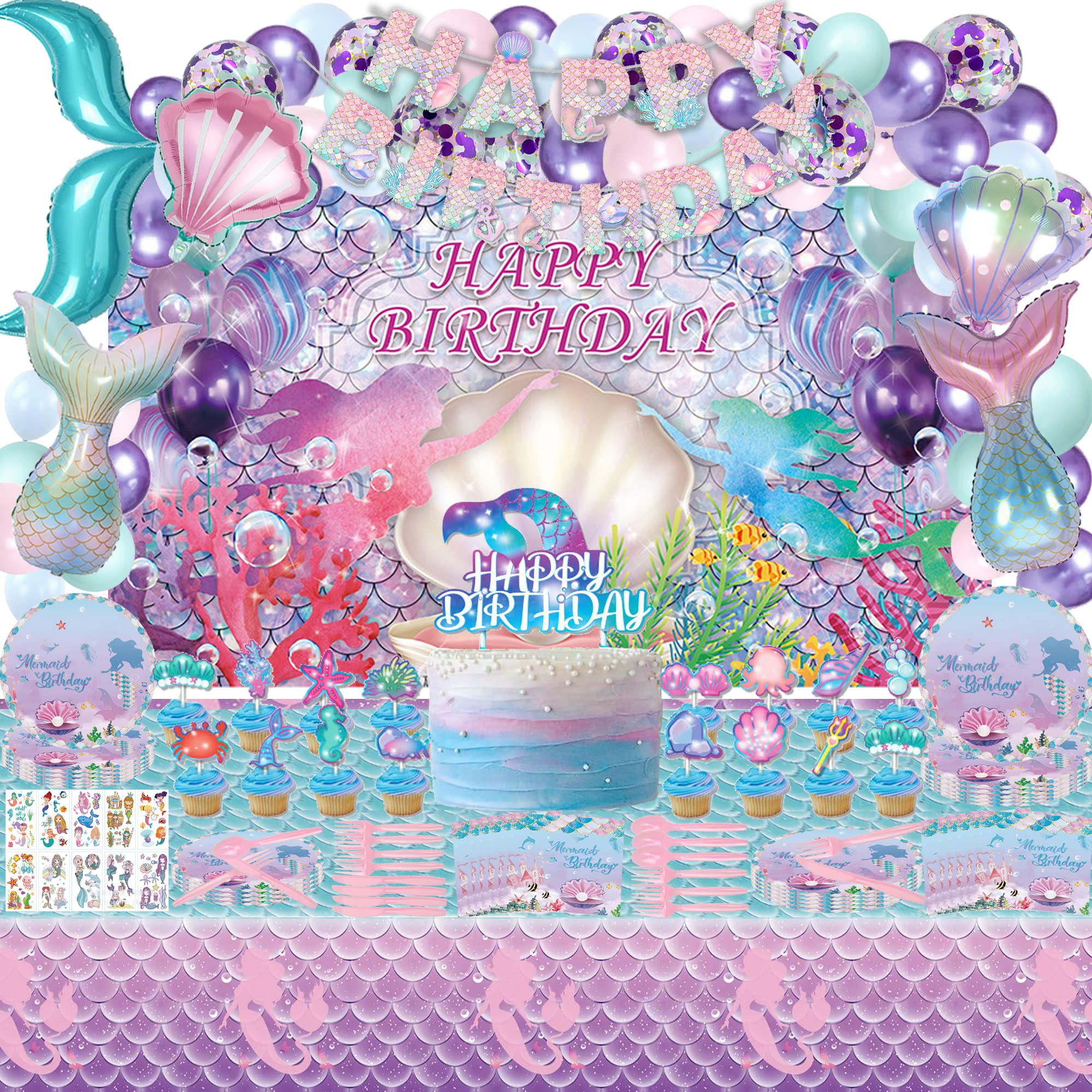 274 Pcs Mermaid Birthday Decorations, Mermaid Party Decorations for Girls, Mermaid Theme Party Set Include Banners, Mermaid Backdrop, Cake Toppers, Mermaid Balloons, Plates, Tableware