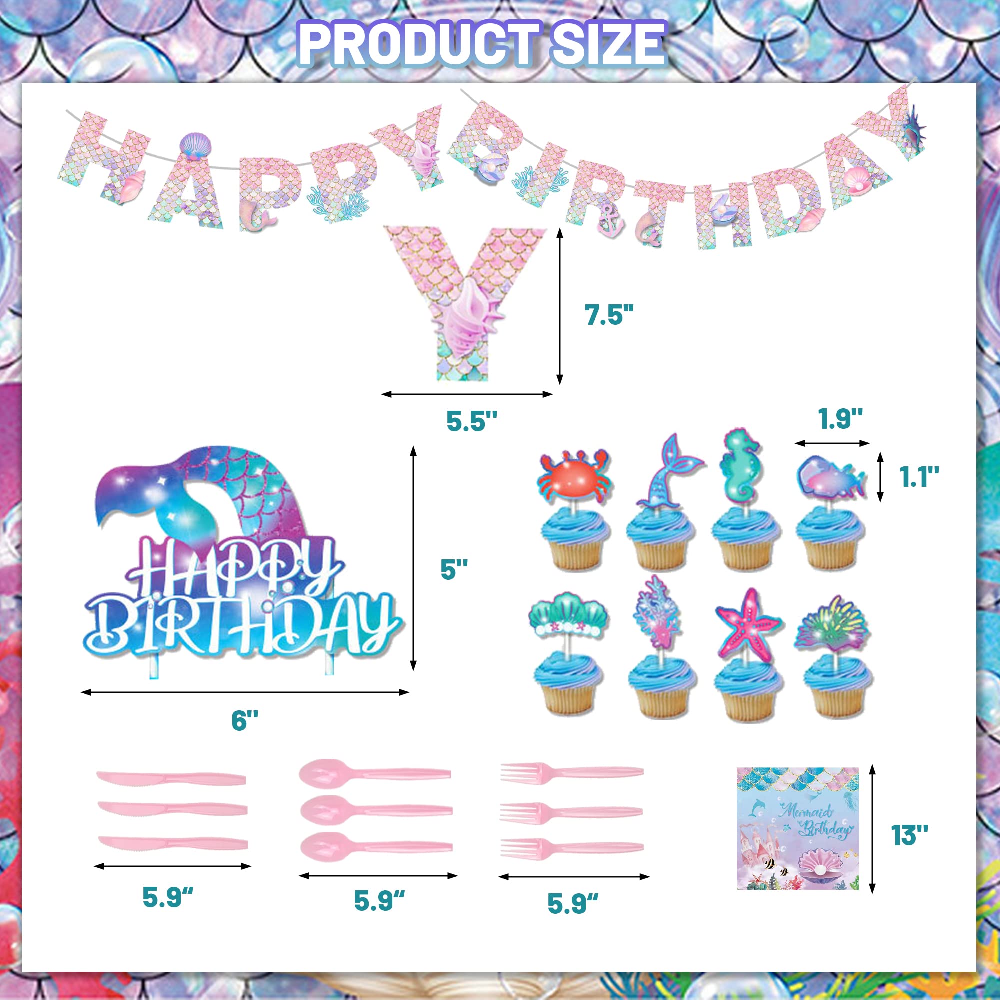 274 Pcs Mermaid Birthday Decorations, Mermaid Party Decorations for Girls, Mermaid Theme Party Set Include Banners, Mermaid Backdrop, Cake Toppers, Mermaid Balloons, Plates, Tableware