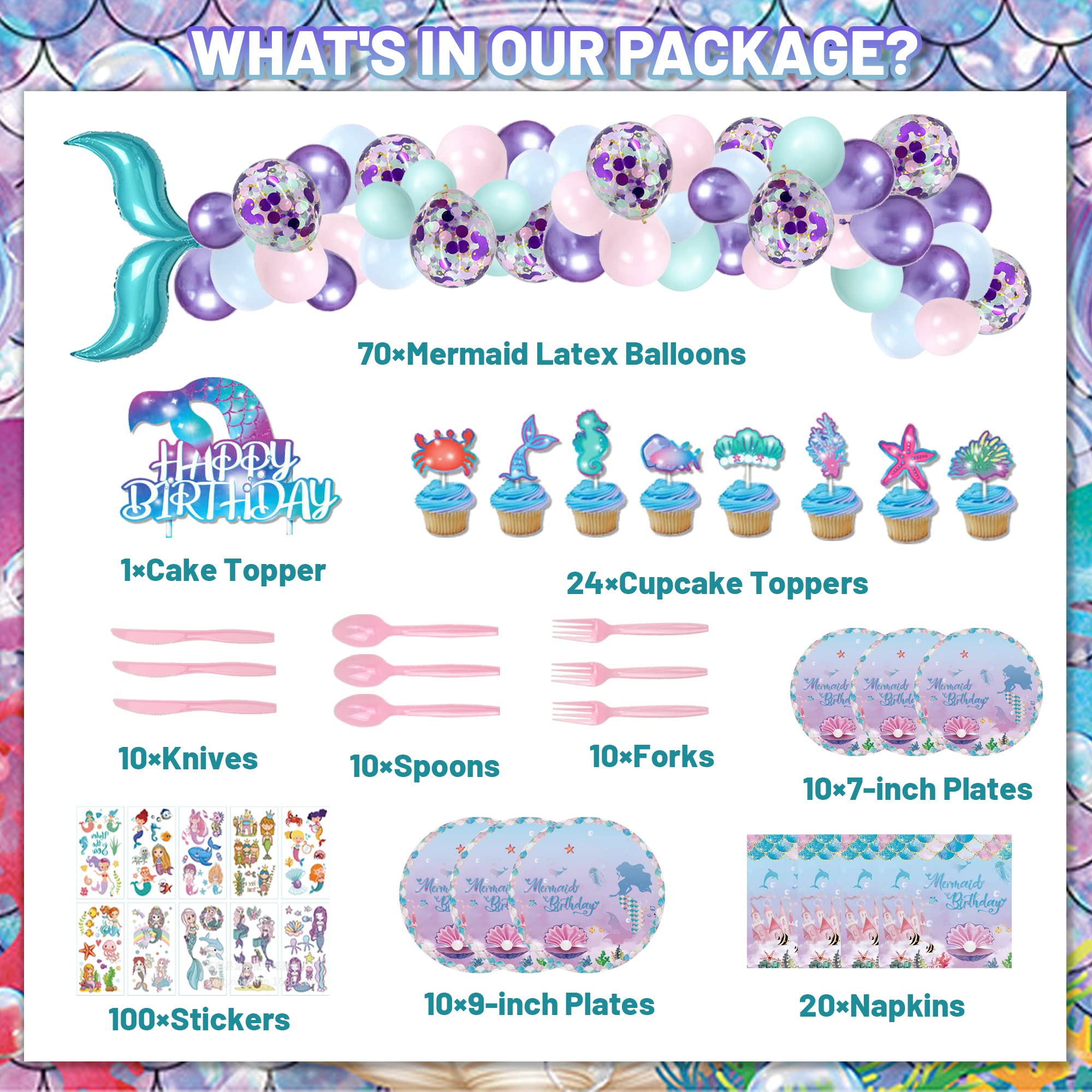 274 Pcs Mermaid Birthday Decorations, Mermaid Party Decorations for Girls, Mermaid Theme Party Set Include Banners, Mermaid Backdrop, Cake Toppers, Mermaid Balloons, Plates, Tableware