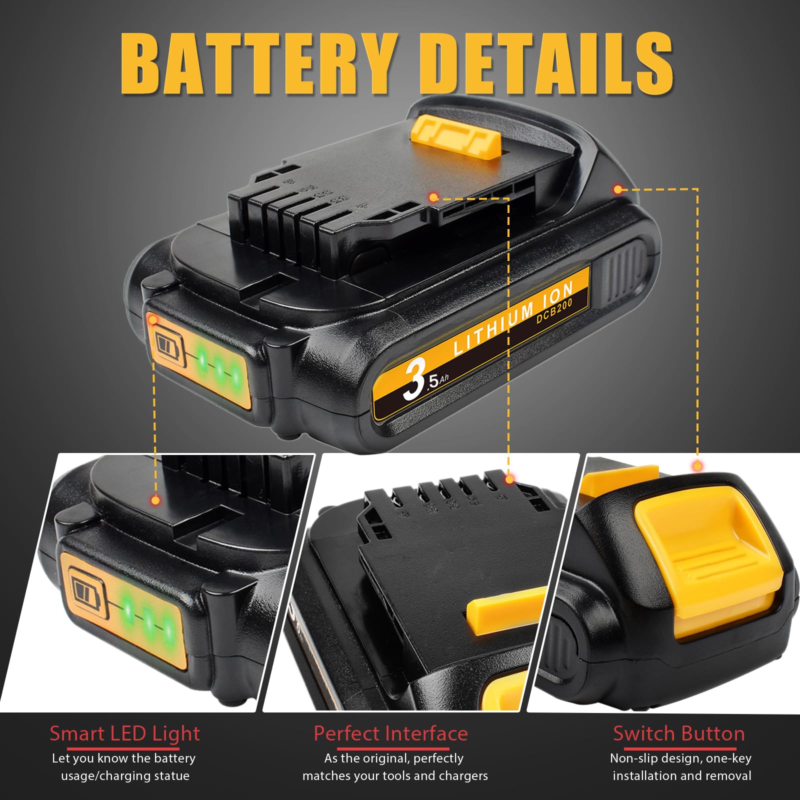 Upgraded 2Pack 3.5Ah 20V Battery Replacement for Dewalt Battery 20Volt Max Li-ion Battery Compatible with Dewalt 20V Battery DCB200 DCB203 DCB204 DCV580 DCB180 for Dewalt 20Volt Cordless Tools Battery