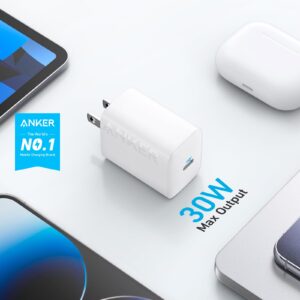 Anker 30W USB-C Charger, Anker 312 Charger with Compact and Foldable Design, High-Speed Fast Charging for iPhone 14/13/12 Series, Samsung S23, MacBook Air, iPad Pro, & More 5 ft USB C Cable Included