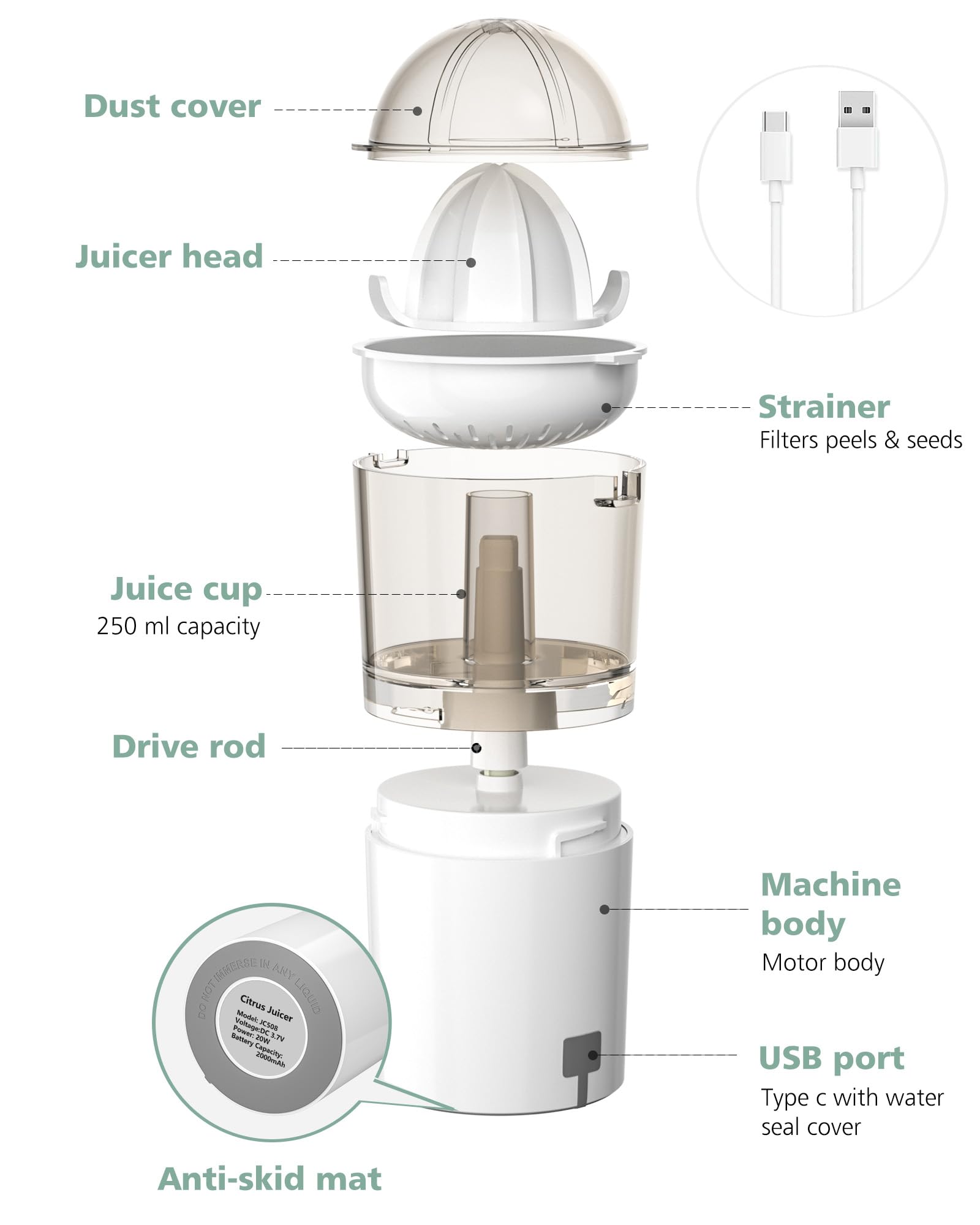 Cordless Electric Lemon Juicer Squeezer, AYOTEE Portable Electric Citrus Juicer with USB Cable and Spoon, Lemon and Lime Squeezer, Electric Orange Juicer Squeezer, Rechargeable Lime Juicer (White)