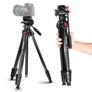 neewer 63"/160cm travel tripod, portable aluminum video tripod with pan tilt fluid head compatible with panasonic sony canon jvc mini dv camcorder, dslr camera, max load 17.6lb/8kg, tp22