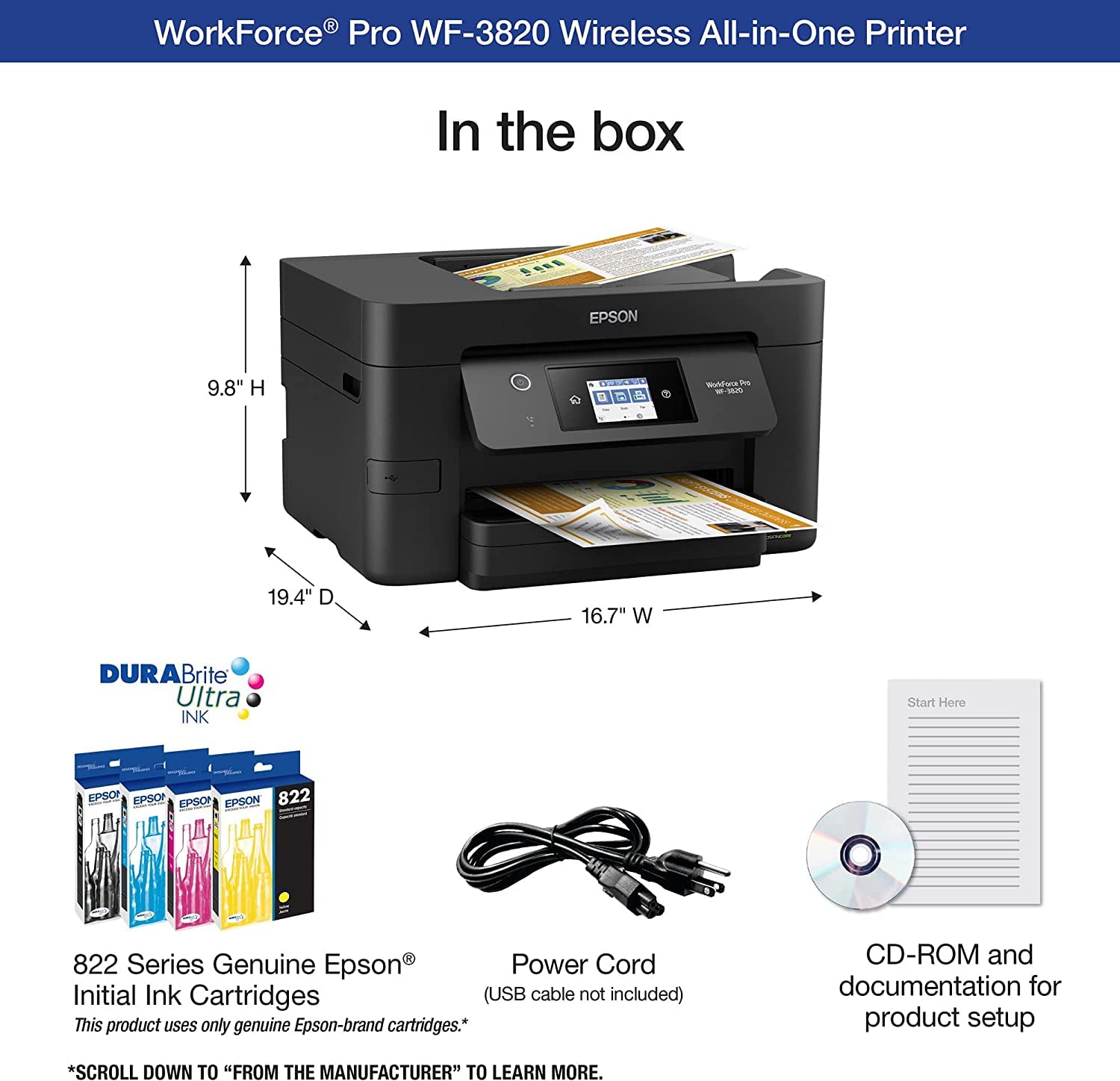 Epson Workforce Pro WF-3820 All-in-One Wireless Color Inkjet Printer for Office - Print Scan Copy Fax - 21 ppm, 8.5 x 14, 4800 x 2400 dpi, 35-Sheet ADF, Auto 2-Sided Printing, Ethernet, WiFi, USB