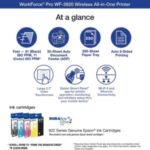 Epson Workforce Pro WF-3820 All-in-One Wireless Color Inkjet Printer for Office - Print Scan Copy Fax - 21 ppm, 8.5 x 14, 4800 x 2400 dpi, 35-Sheet ADF, Auto 2-Sided Printing, Ethernet, WiFi, USB