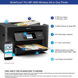 Epson Workforce Pro WF-3820 All-in-One Wireless Color Inkjet Printer for Office - Print Scan Copy Fax - 21 ppm, 8.5 x 14, 4800 x 2400 dpi, 35-Sheet ADF, Auto 2-Sided Printing, Ethernet, WiFi, USB