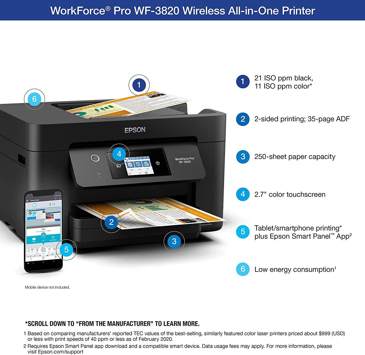 Epson Workforce Pro WF-3820 All-in-One Wireless Color Inkjet Printer for Office - Print Scan Copy Fax - 21 ppm, 8.5 x 14, 4800 x 2400 dpi, 35-Sheet ADF, Auto 2-Sided Printing, Ethernet, WiFi, USB