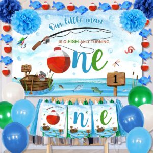 o fishally one first birthday decorations,gone fishing party supplies include fish bobber banner,our little man is ofishally turning one backdrop balloons for baby boy 1st birthday supplies