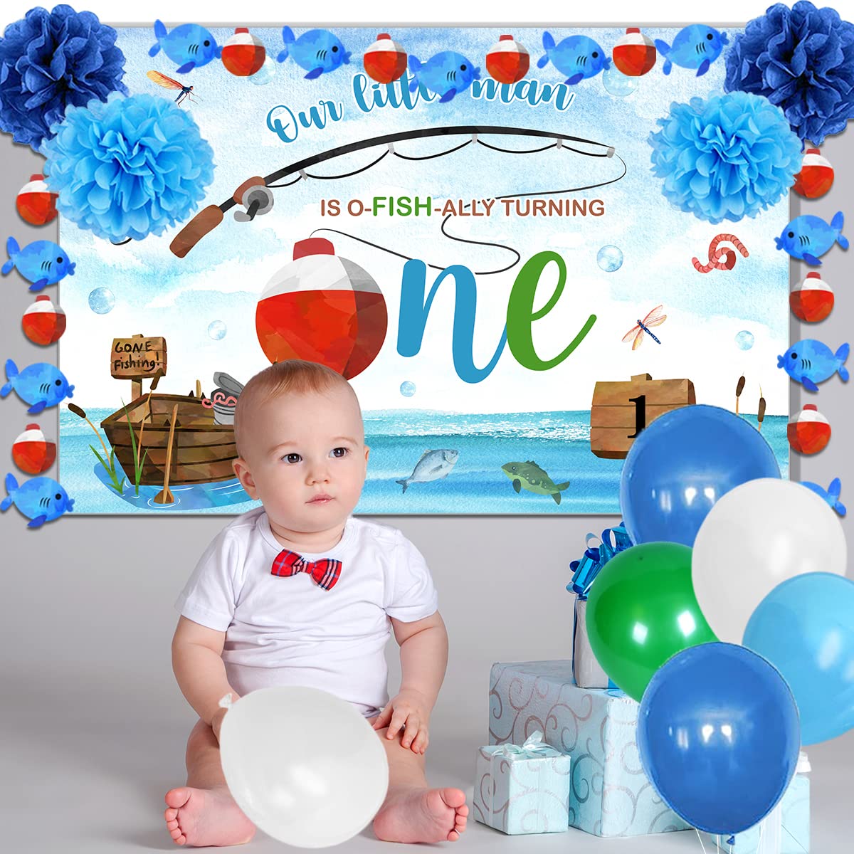 O Fishally One First Birthday Decorations,Gone Fishing Party Supplies Include Fish Bobber Banner,Our Little Man Is Ofishally Turning One Backdrop Balloons for Baby Boy 1st Birthday Supplies