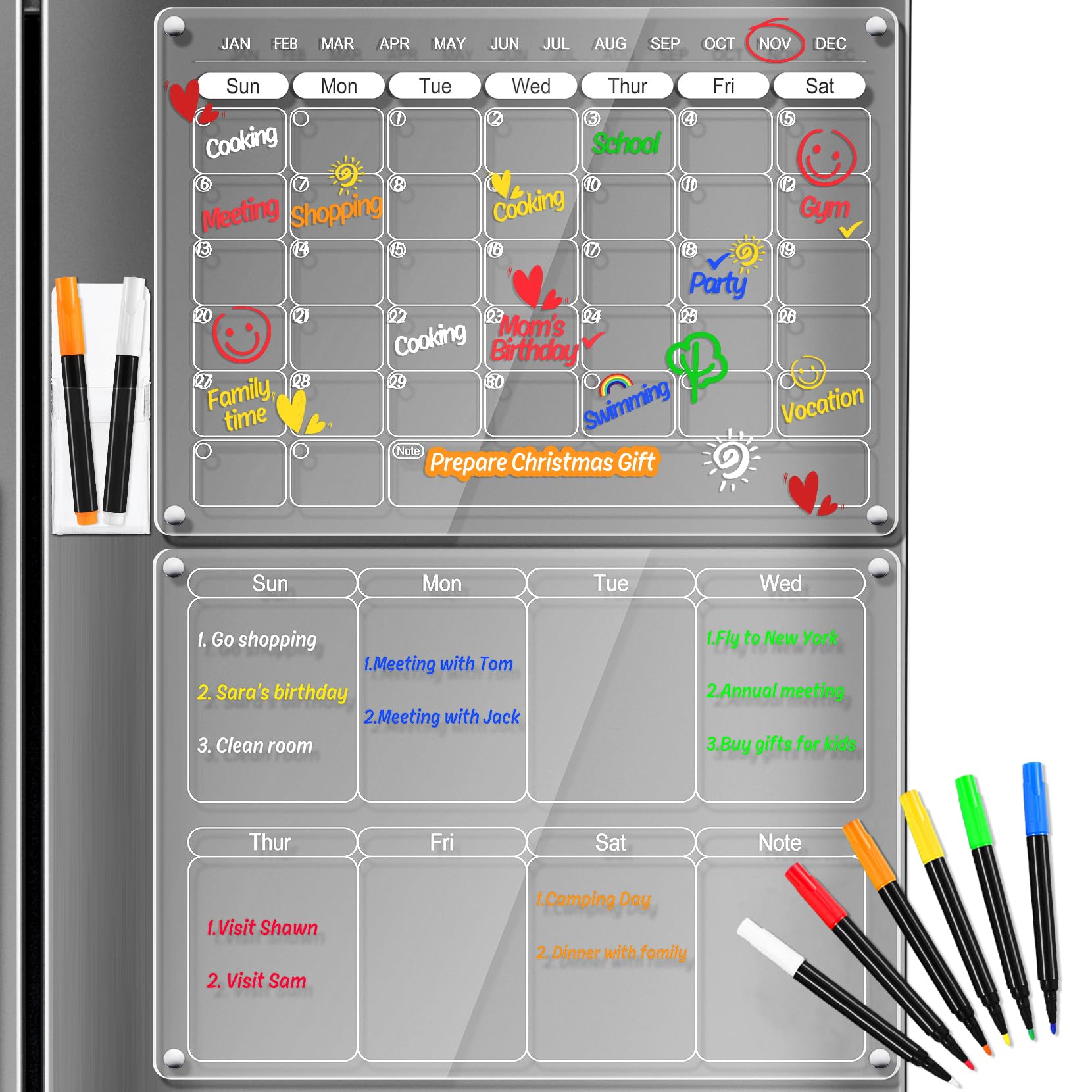 Acrylic Magnetic Fridge Calendar & Weekly Planner Monthly Dry Erase Board for Refrigerator w/ 8 Markers & Magnetic Pen Holder Meal Planning Whiteboard 16''x12'', 2 Boards (Calendar + Weekly Planner)