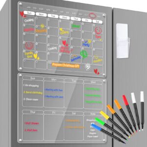 Acrylic Magnetic Fridge Calendar & Weekly Planner Monthly Dry Erase Board for Refrigerator w/ 8 Markers & Magnetic Pen Holder Meal Planning Whiteboard 16''x12'', 2 Boards (Calendar + Weekly Planner)