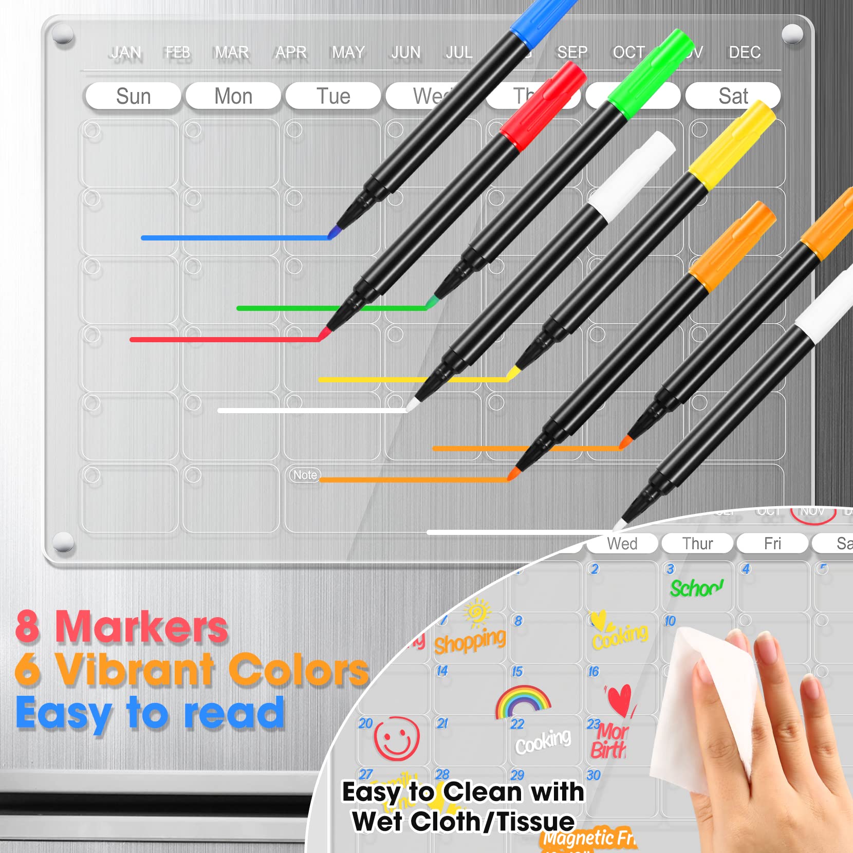 Acrylic Magnetic Fridge Calendar & Weekly Planner Monthly Dry Erase Board for Refrigerator w/ 8 Markers & Magnetic Pen Holder Meal Planning Whiteboard 16''x12'', 2 Boards (Calendar + Weekly Planner)