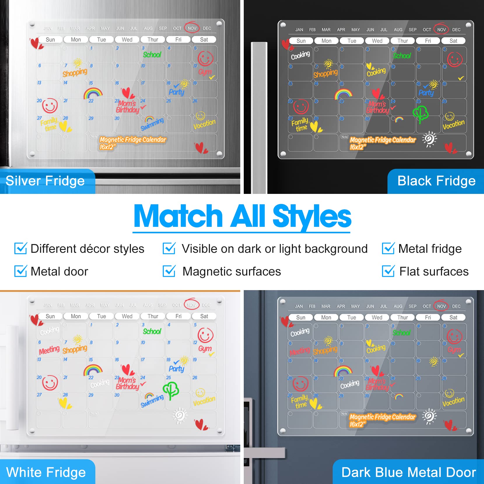 Acrylic Magnetic Fridge Calendar & Weekly Planner Monthly Dry Erase Board for Refrigerator w/ 8 Markers & Magnetic Pen Holder Meal Planning Whiteboard 16''x12'', 2 Boards (Calendar + Weekly Planner)