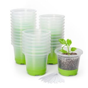 mixc 30 packs 4" reinforced clear nursery pots with silicone base for easy transplant, transparent plastic plant pot reusable seedling pots seed starter pots flower pot with 10pcs plant labels, green