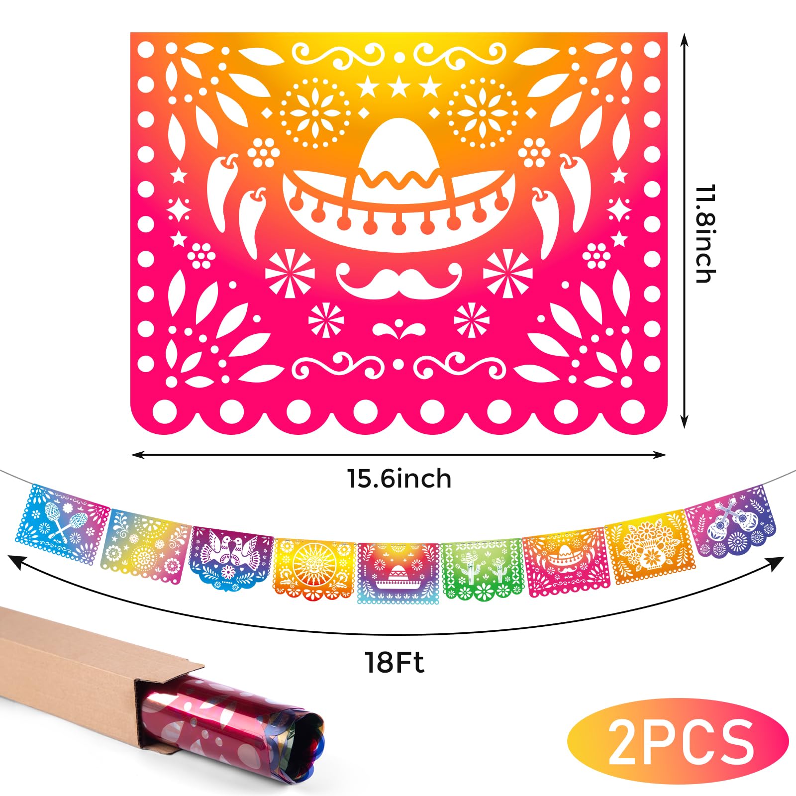 JOHOUSE 2 Pack Mexican Party Banners, Iridescent Fiesta Banner 18 Feet Papel Picado Mexican Fiesta Garland for Cinco De Mayo Fiesta Party Dia De Los Muertos Day of the Dead