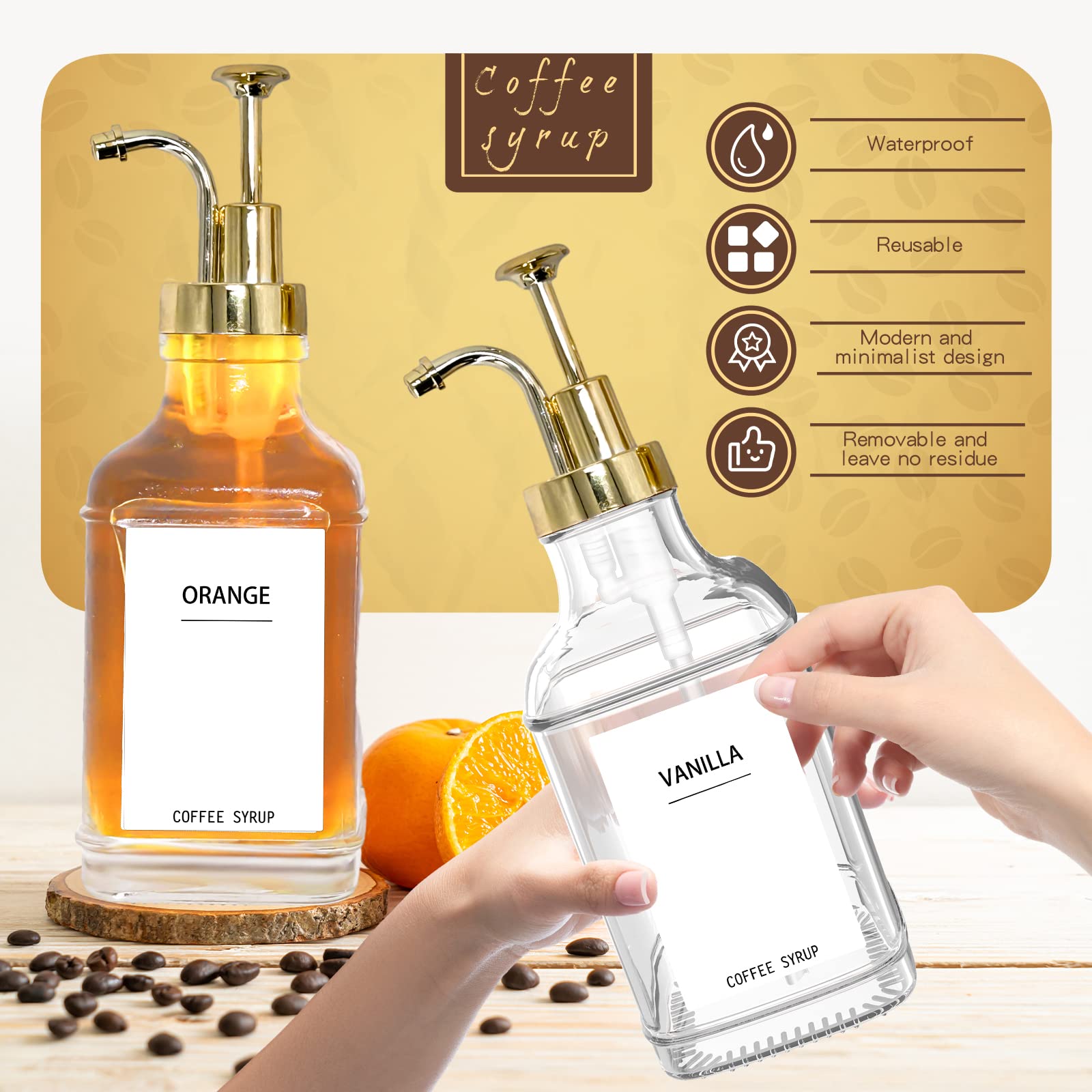 2 Pack 16.9OZ Square Coffee Syrup Dispenser for Coffee Bar with Labels and Gold Pump, 500ML Syrup Bottles for Coffee Bar Home Bar, BPA Free & Durable Transparent Glass Coffee Syrup Dispenser Bottles