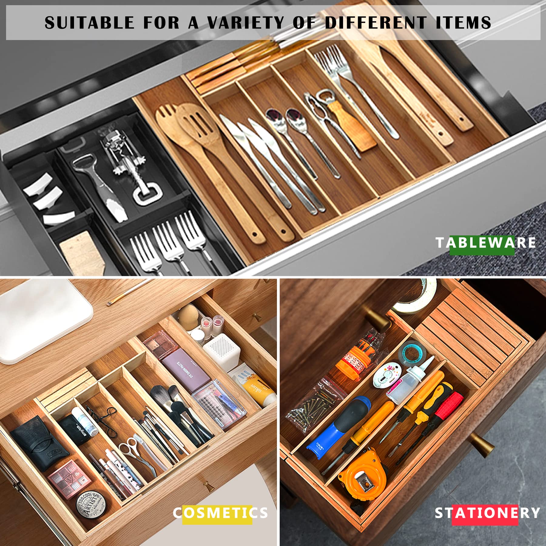 ZROOY Expandable Bamboo Silverware Organizer Drawer for Utensils Holder, 8 Compartments for Drawer Tray with Grooved Drawer Dividers,Removable Knife Block(Natural)