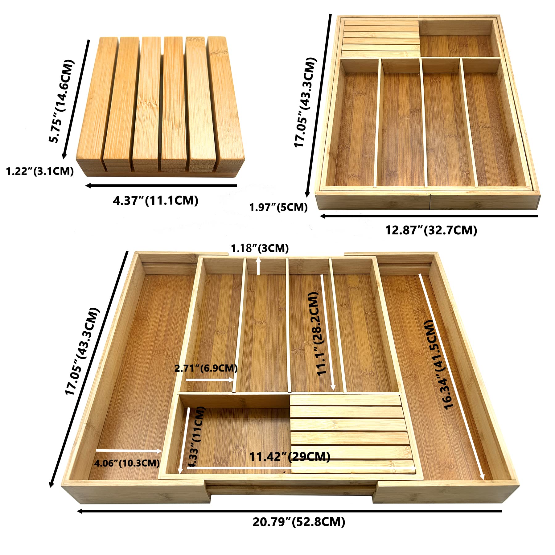 ZROOY Expandable Bamboo Silverware Organizer Drawer for Utensils Holder, 8 Compartments for Drawer Tray with Grooved Drawer Dividers,Removable Knife Block(Natural)