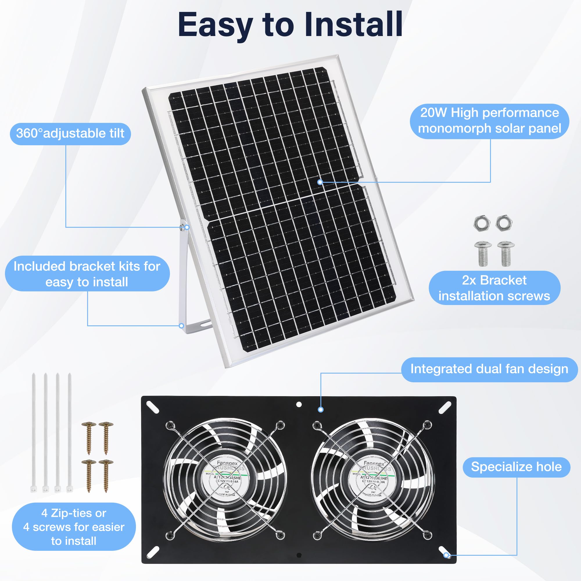 Fanspex Solar Panel Powered Fan Kit for Greenhouse, 20W Solar Panel + High Speed 3500 RPM Dual Exhaust Fan for Chicken coop, Dog House, Shed, Pet House Air Cooling, IP67 Waterproof