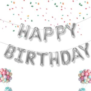 happy birthday balloons banner, 16 inch mylar foil balloon letters birthday sign banner, reusable silver birthday balloons kit birthday decorations for kids adults birthday party favor supplies