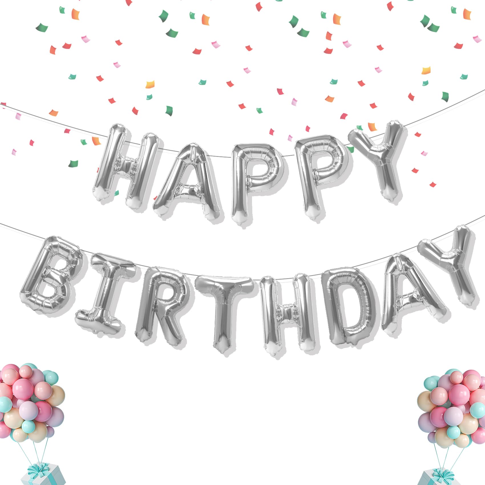 Happy Birthday Balloons Banner, 16 Inch Mylar Foil Balloon Letters Birthday Sign Banner, Reusable Silver Birthday Balloons Kit Birthday Decorations For Kids Adults Birthday Party Favor Supplies