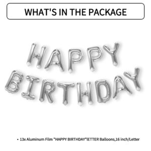 Happy Birthday Balloons Banner, 16 Inch Mylar Foil Balloon Letters Birthday Sign Banner, Reusable Silver Birthday Balloons Kit Birthday Decorations For Kids Adults Birthday Party Favor Supplies