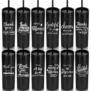 gejoy 12 pcs employee appreciation gifts 16 oz skinny tumblers thank you gifts matte plastic tumblers with lids and straws reusable travel cups for coworker staff teacher (black)
