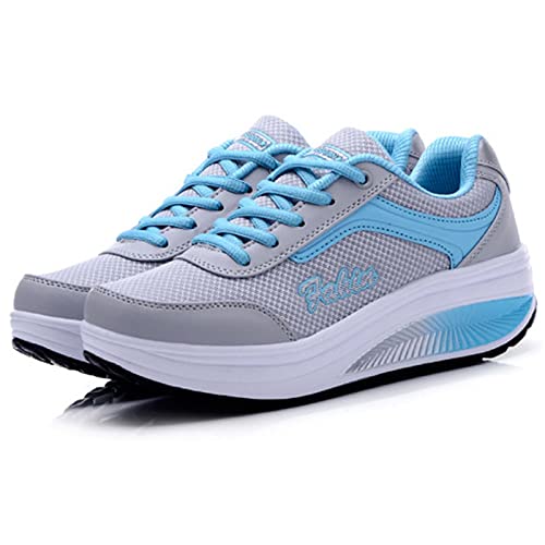 Optigard Women's Toning Platform Lace-up Rocker Shoes with Arch Support (6,Gray Blue Mesh,Female)