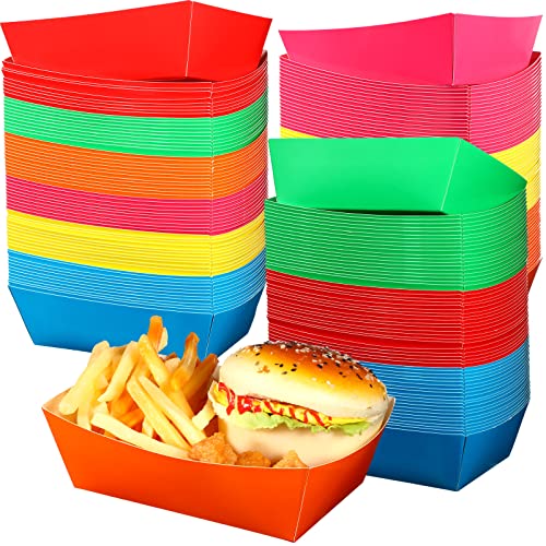 PerKoop 240 Pcs Colorful Food Trays Bulk Rainbow Paper Food Boats Disposable Food Serving Holder Trays Hamburgers Hot Dog Dessert Paper Plates Bowls for Carnival Neon Glow Birthday Party Supplies