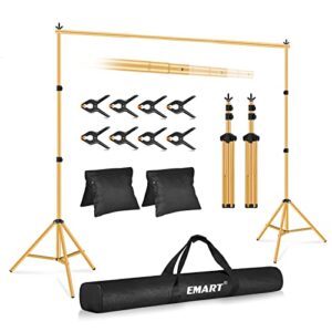 emart backdrop stand 10x7ft(wxh) photo studio adjustable background stand support kit with 2 crossbars, 8 backdrop clamps, 2 sandbags and carrying bag for parties events decoration -gold