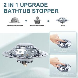 Universal 2 in 1 Bathtub Stopper & Drain Hair Catcher ， Upgraded Pop Up Tub Stoppers with Dual Filtration Design ，Anti-Clogging Bathtub Drain Cover，Bath Tub Drains Plug for 1.4"-2.0" Drain Hole