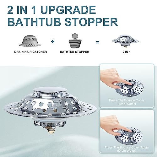 Universal 2 in 1 Bathtub Stopper & Drain Hair Catcher ， Upgraded Pop Up Tub Stoppers with Dual Filtration Design ，Anti-Clogging Bathtub Drain Cover，Bath Tub Drains Plug for 1.4"-2.0" Drain Hole