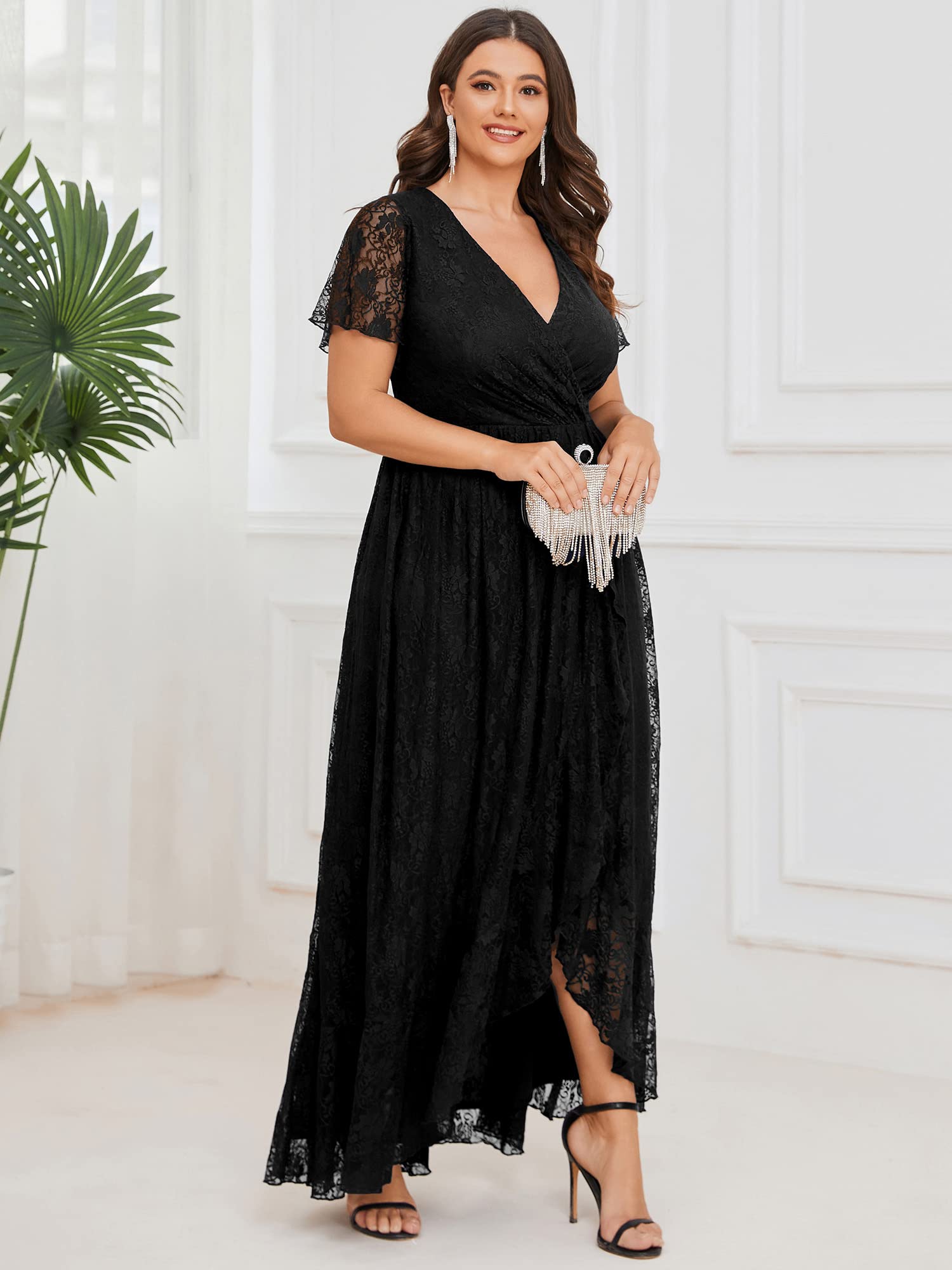 Ever-Pretty Plus Women's V Neck Ruffles Sleeves Pleated Lace Summer Plus Size Semi Formal Dress for Curvy Women Black US20