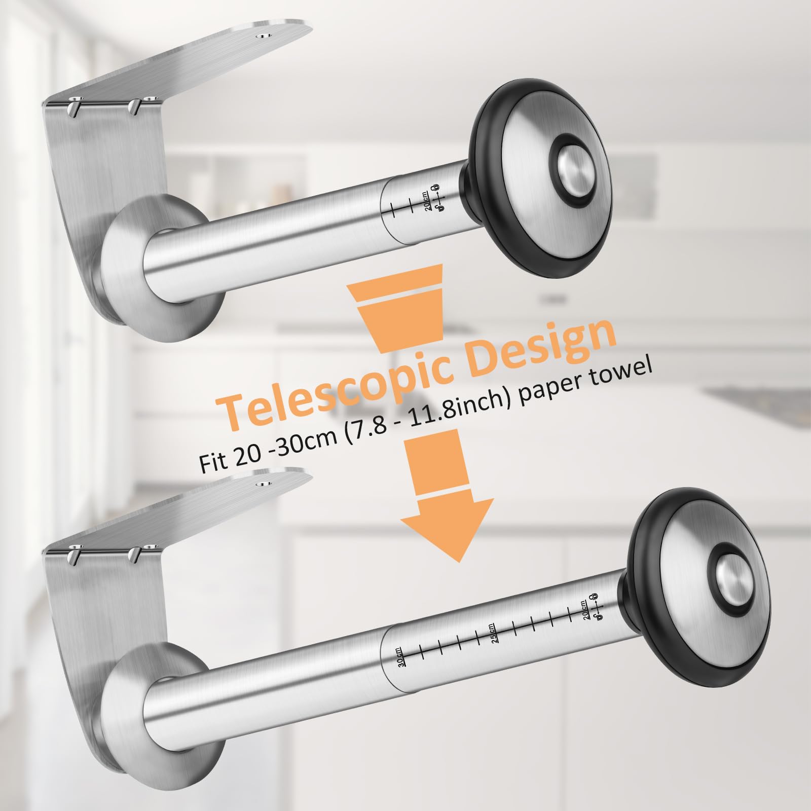 Paper Towel Holders for Kitchen - Adjustable Length Paper Towels Holder Under Cabinet,Self-Adhesive or Drill Mounting, Stainless Steel Wall Mount Towel Holder for Pantry,Sink, Bathroom (Silver)