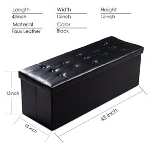 PRANDOM Jumbo Ottoman with Storage [1-Pack] Faux Leather Folding Small Square Foot Stool with Lid for Living Room Bedroom Coffee Table Dorm Black 43x15x15 inches