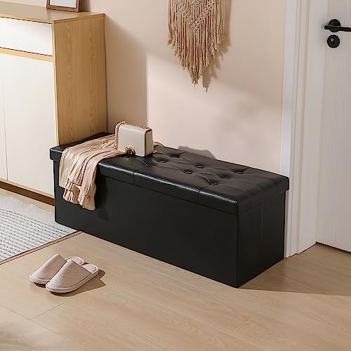 PRANDOM Jumbo Ottoman with Storage [1-Pack] Faux Leather Folding Small Square Foot Stool with Lid for Living Room Bedroom Coffee Table Dorm Black 43x15x15 inches