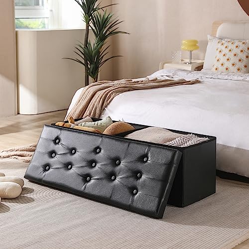 PRANDOM Jumbo Ottoman with Storage [1-Pack] Faux Leather Folding Small Square Foot Stool with Lid for Living Room Bedroom Coffee Table Dorm Black 43x15x15 inches