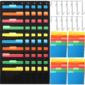 qeeenar 5 pack heavy duty storage pocket chart with 20 file folders 50 pockets hanging wall file paper folders organizer student mailbox for school classroom office home supplies