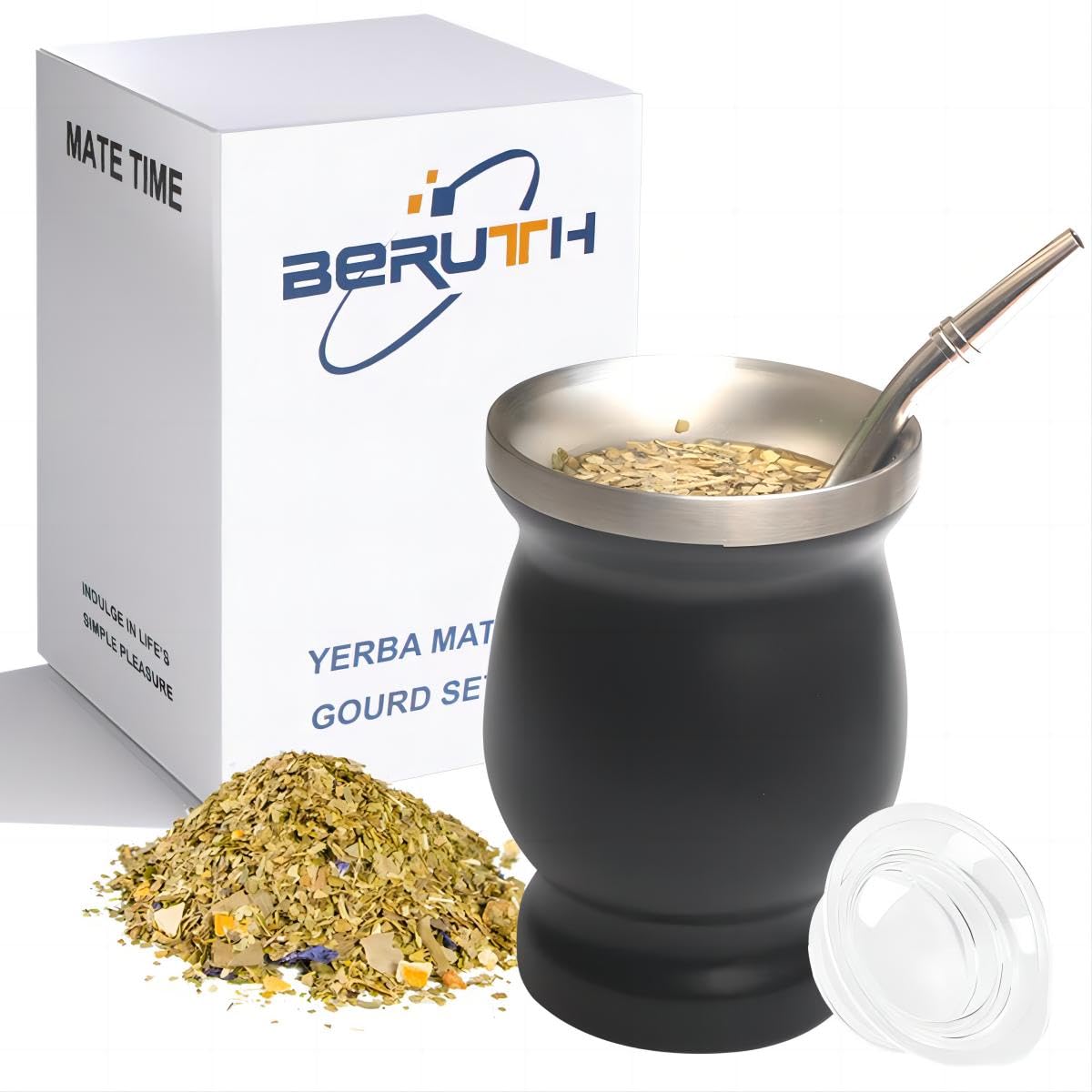 Beruth Bombilla Yerba Mate Gourd, 8oz Stainless Steel Tea Cup Set with a Multifunctional Lid, Two Straws and Cleaning Brushes, Double Walled Coffee Mug Heat Insulation Anti Scalding BR2302 (Black)