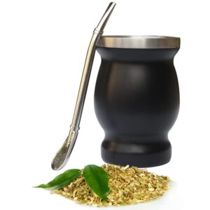 Beruth Bombilla Yerba Mate Gourd, 8oz Stainless Steel Tea Cup Set with a Multifunctional Lid, Two Straws and Cleaning Brushes, Double Walled Coffee Mug Heat Insulation Anti Scalding BR2302 (Black)