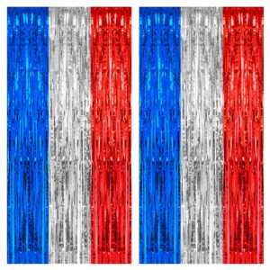 pigetale, 2 pack 3.2 x 8.2 ft red white and blue foil fringe backdrop curtain, streamer backdrop tinsel curtains photo booth props for graduation birthday memo