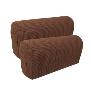 SXNING Arm Rest Covers Set, Pack of 4 Stretch Armchair Arm Covers Soft Polyester Arm Caps Non Slip Furniture Protector for Chair, Sofa, Couch (Dark Coffee with Pocket)