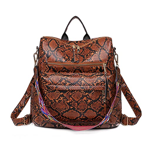 AuSion Leather Backpack Purse for Women Laptop Backpacks Travel Crossbody Bag Fashion Serpentine brown