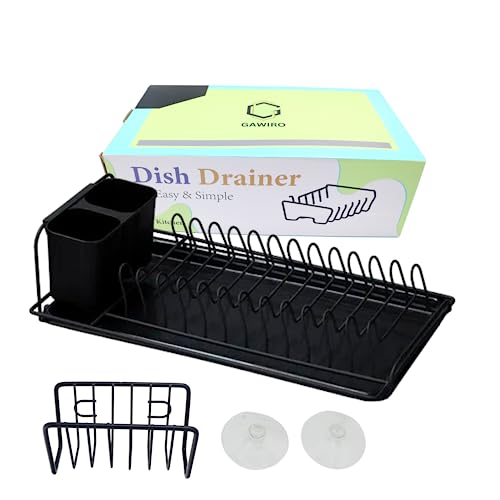 GAWIRO Black Dish Drying Rack with Drainboard Stainless Steel Dish Racks for Kitchen Counter, Kitchen Drying Rack with Utensil Holder and Spongy Holder - Design for Long-Lasting and Space Saver