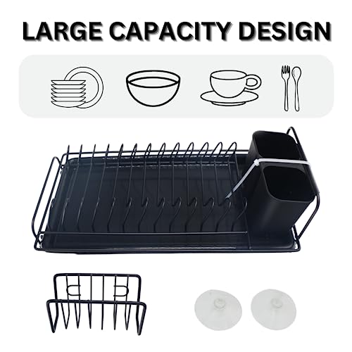 GAWIRO Black Dish Drying Rack with Drainboard Stainless Steel Dish Racks for Kitchen Counter, Kitchen Drying Rack with Utensil Holder and Spongy Holder - Design for Long-Lasting and Space Saver